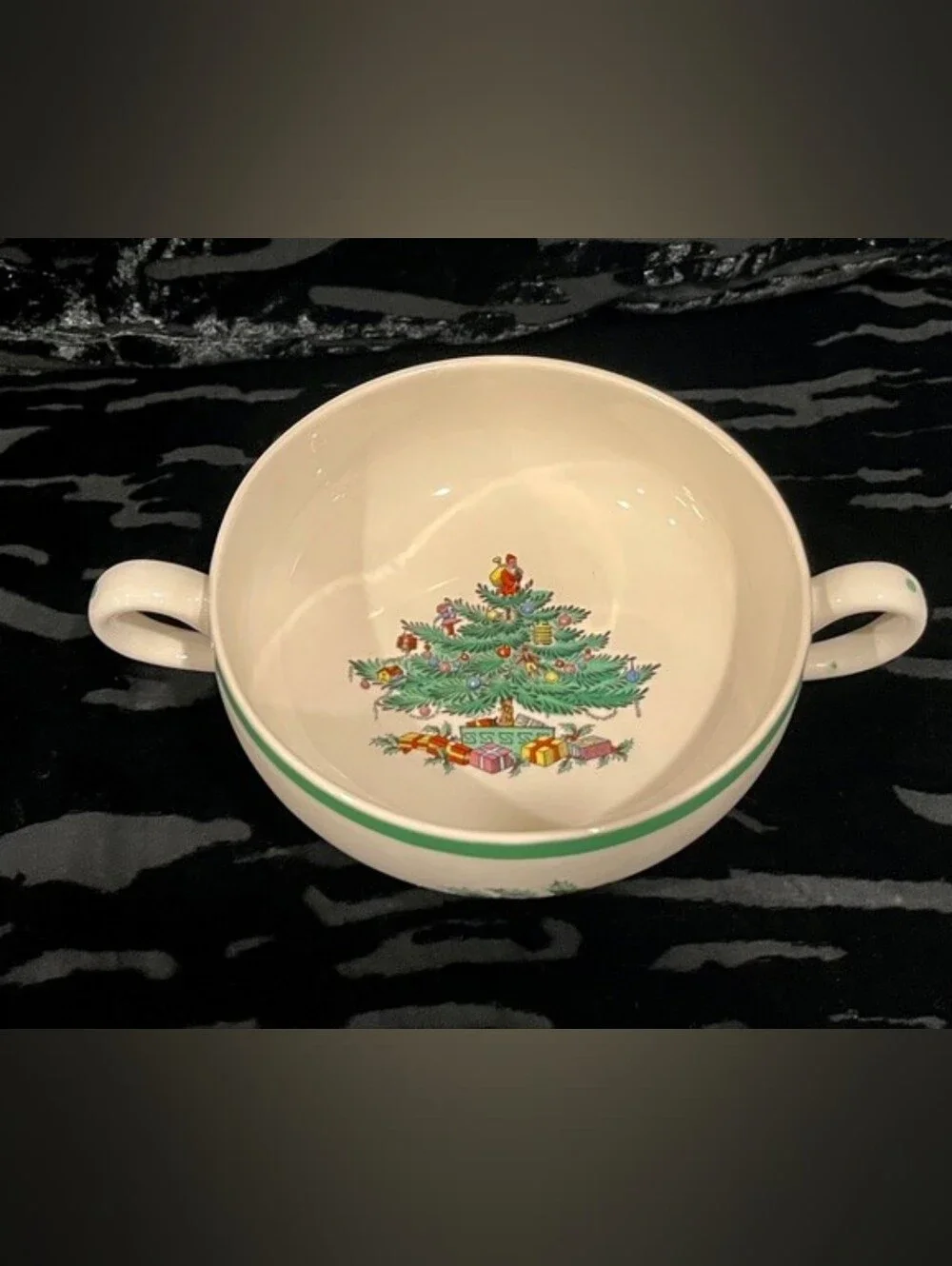 Vintage Spode Christmas Tree Double Handle Cream Soup Bowl Made in England 1988
